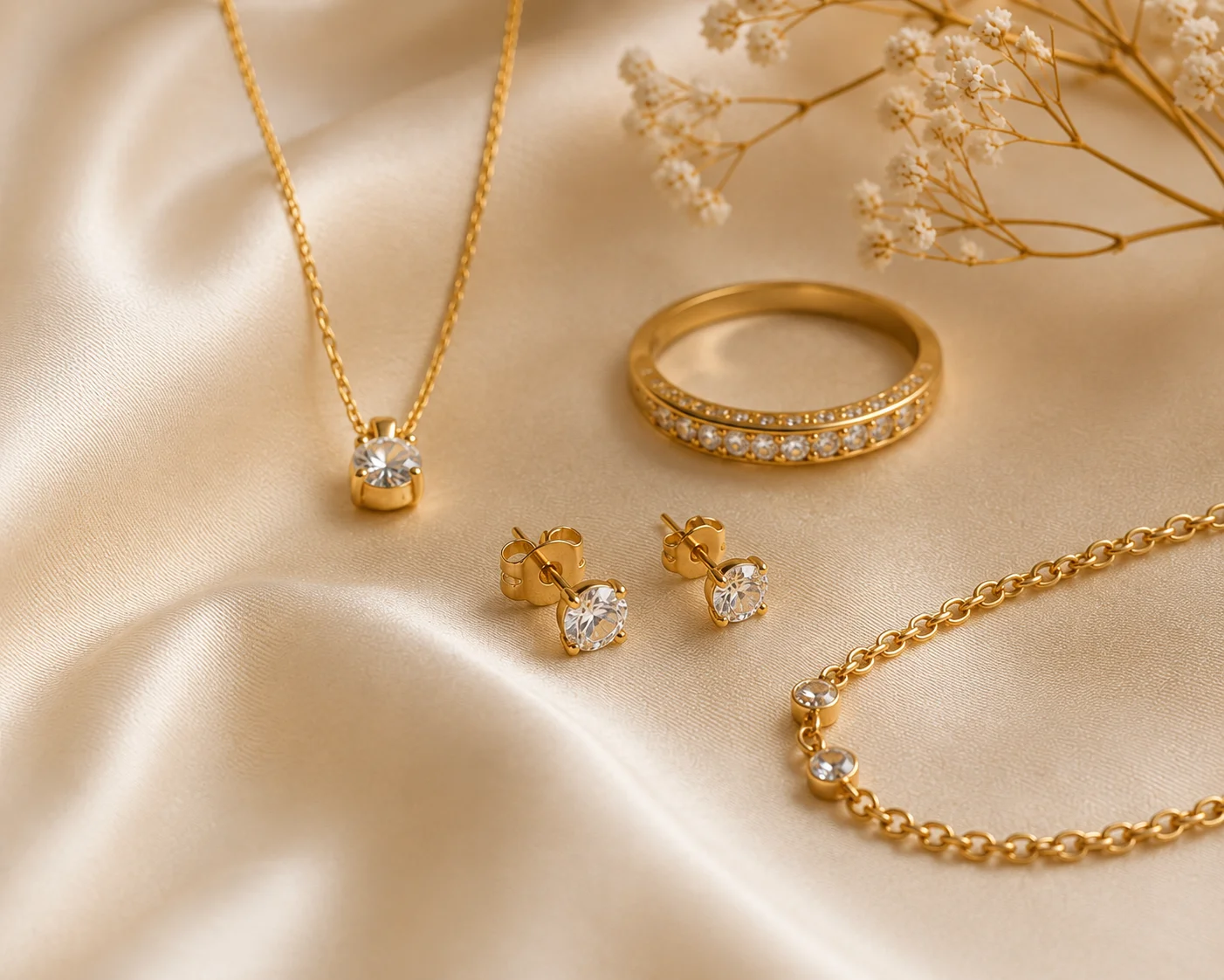 Glimzzy elegant jewellery set featuring a pendant necklace, matching earrings, and a ring with timeless luxury design