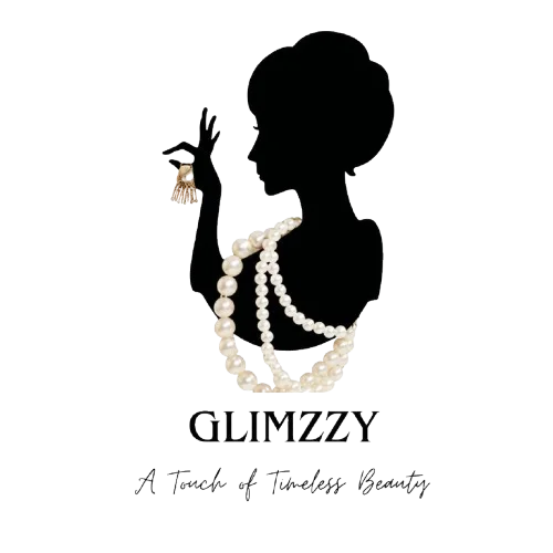 Glimzzy artificial jewellery logo featuring an elegant female silhouette with pearl necklace and earrings, luxury fashion jewelry brand – A Touch of Timeless Beauty