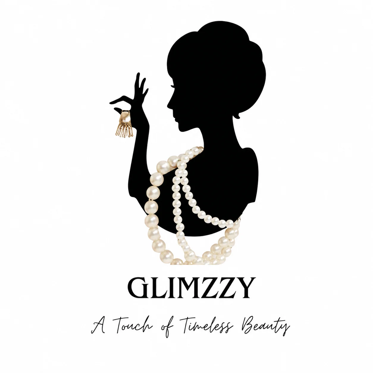 Glimzzy artificial jewellery logo featuring an elegant female silhouette with pearl necklace and earrings, luxury fashion jewelry brand – A Touch of Timeless Beauty